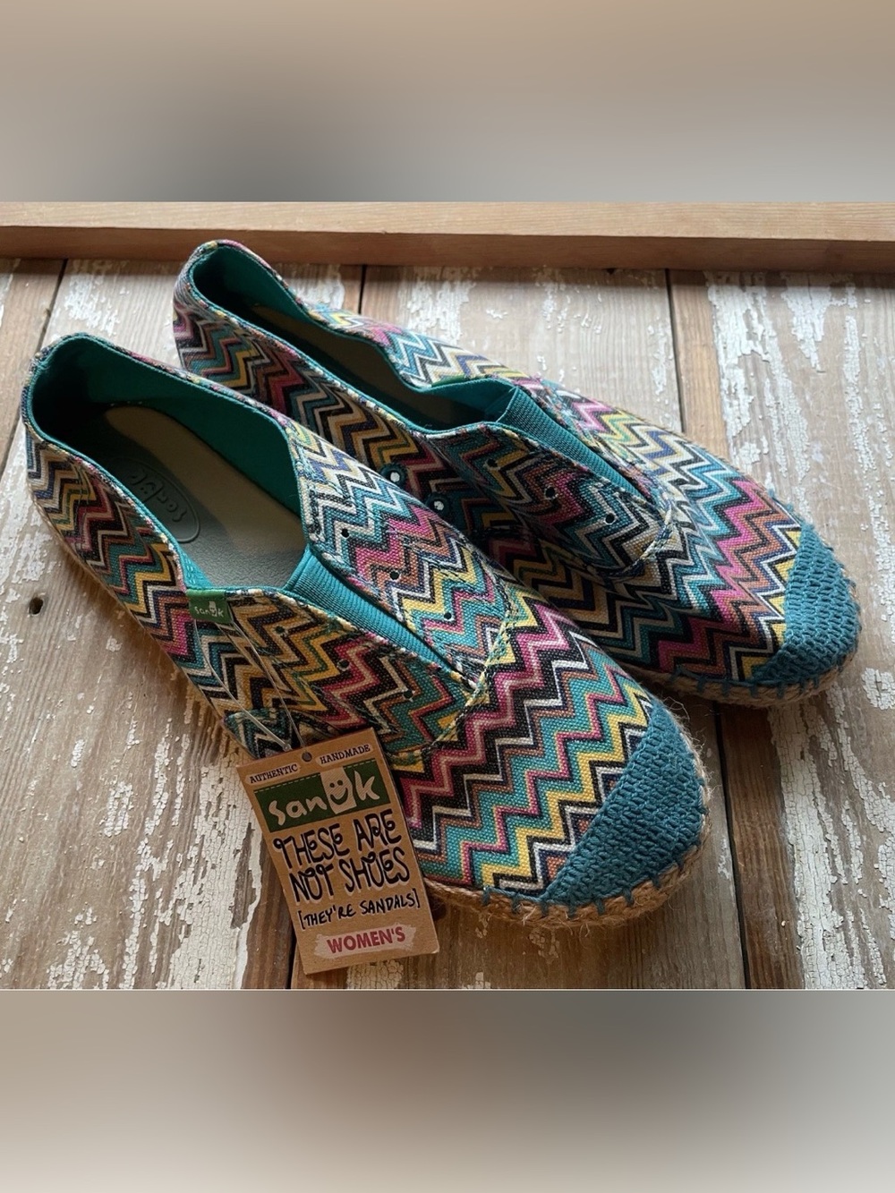 Sanuk Runaround Jute Sidewalk Surfer Women's Teal Multi Zigzag Slip-On Sandals